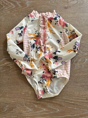 Jessica Simpson Cream Floral Long-Sleeve One-Piece Swimsuit with ruffle accents